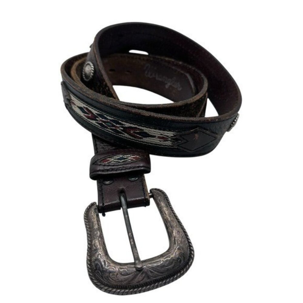 Wrangler Men's 38 Belt Tooled Brown Leather Southwest Woven Concho Inlay Cowboy